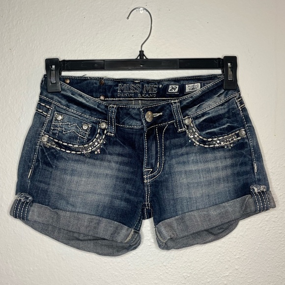 Miss Me Denim Shorts Size 27 Distressed Bling Rhinestone Cuffed Jean - Picture 1 of 8